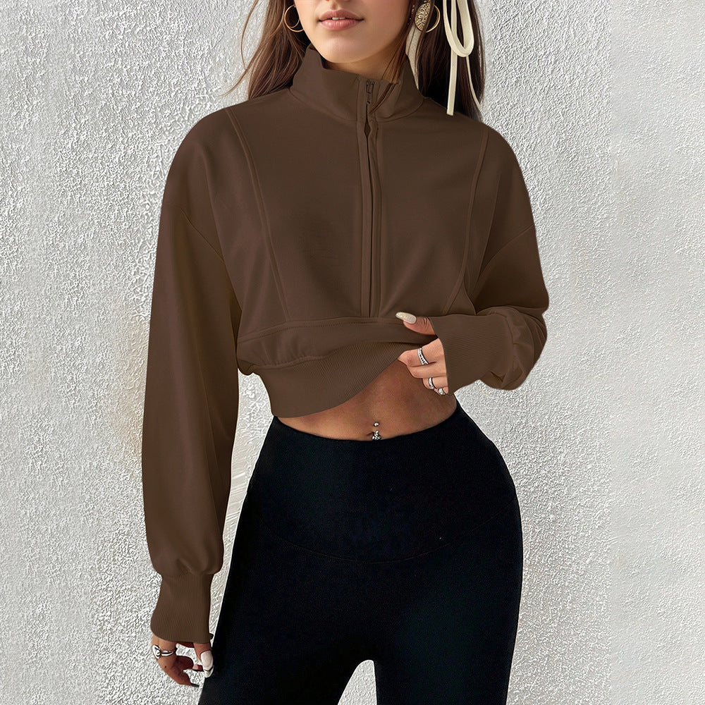Damen kurzes Stehkragen-Sweatshirt mit halbem Reißverschluss, tailliertem Rippenbund und Daumenloch-Ärmeln Nord Taschen