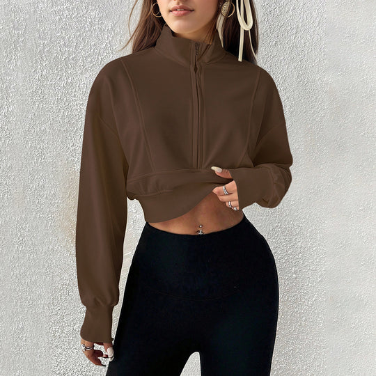 Damen kurzes Stehkragen-Sweatshirt mit halbem Reißverschluss, tailliertem Rippenbund und Daumenloch-Ärmeln Nord Taschen
