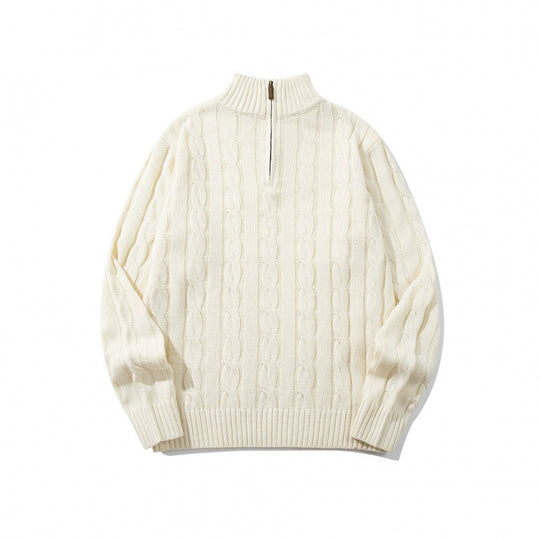 Unisex Grobgestrickter Halbreißverschluss-Zopfmuster-Pullover mit Stehkragen und gerippten Abschlüssen Nord Taschen