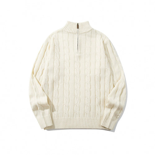 Unisex Grobgestrickter Halbreißverschluss-Zopfmuster-Pullover mit Stehkragen und gerippten Abschlüssen Nord Taschen