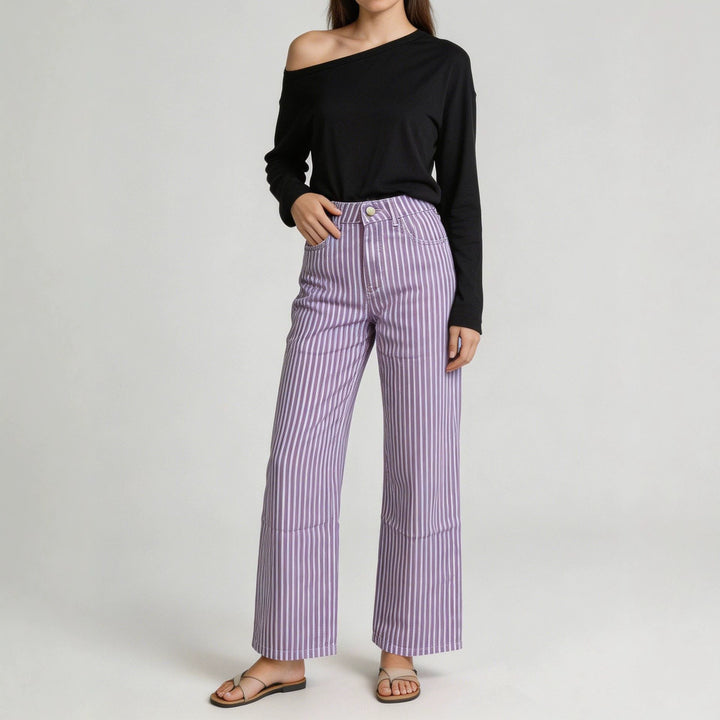 Damen weite High-Waist Palazzohose mit vertikalen Streifenoptik und abgesteppten Kniepartien Nord Taschen