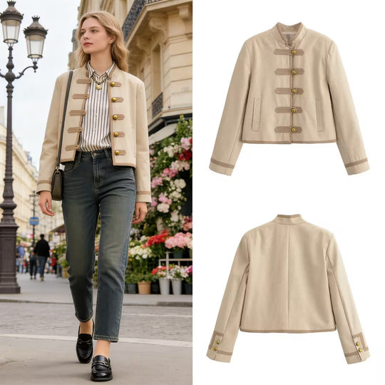 Damen Kurze Militärinspirierte Jacke mit Stehkragen und Zierknebelverschluss Nord Taschen