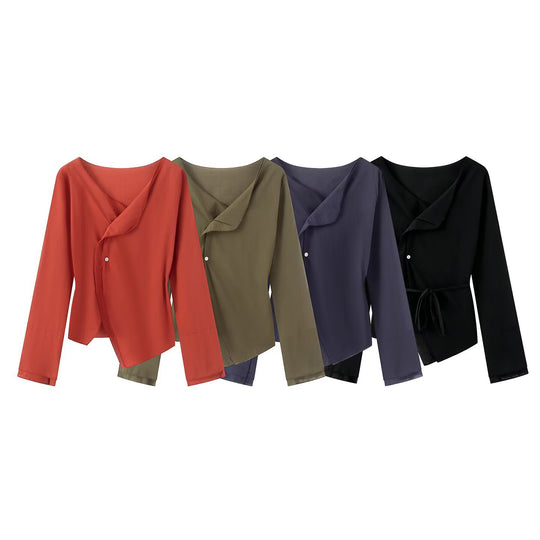 Damen Wickelbluse mit asymmetrischer Vorderseite, V‑Ausschnitt und Bindegürtel Nord Taschen