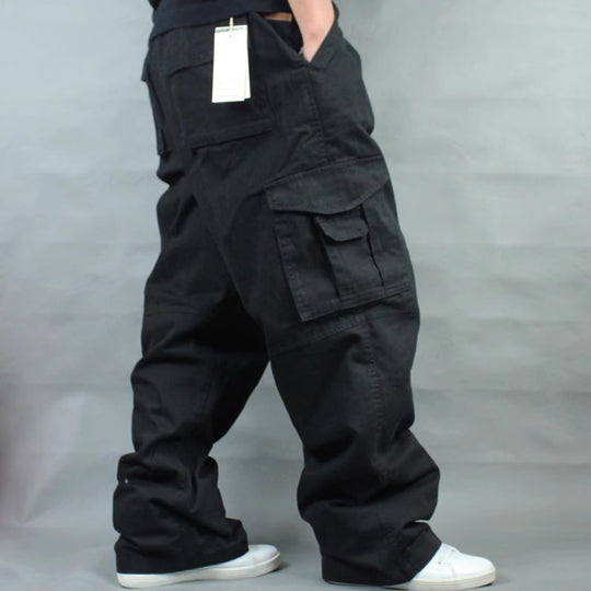 Herren Weite Utility-Cargohose aus Baumwollcanvas mit Mehrfach-Taschen und Kordelbund Nord Taschen