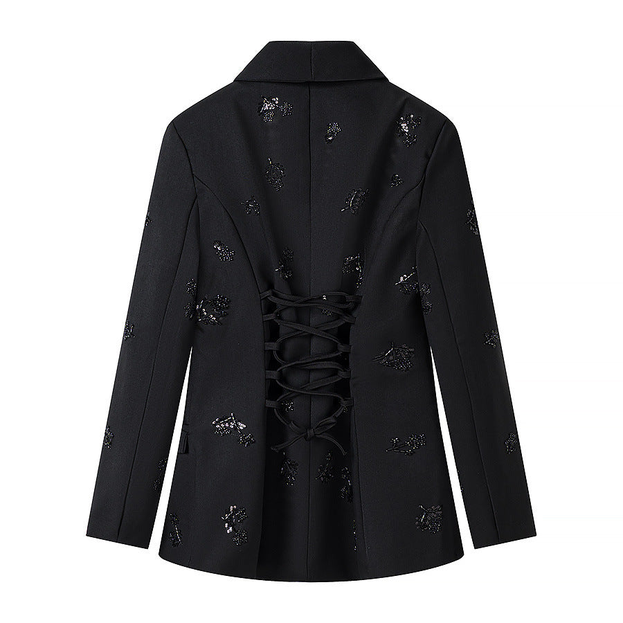 Damen Doppelreihiger Blazer mit Paillettenblüten und Schalkragen Nord Taschen