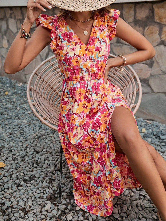 Damen Sommerliches Maxikleid mit Rüschendetails und floralem Design Nord Taschen