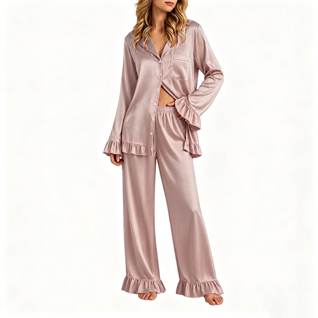 Damen Satin-Pyjama-Set mit Knopfhemd, weiten Palazzo-Hosen und Rüschensaum Nord Taschen