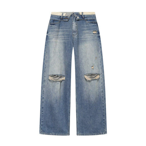 Damen Weite Ripped Denim‑Jeans mit Knie‑Löchern und hoher Leibhöhe Nord Taschen