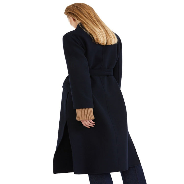 Damen Longcoat im minimalistischen Mantelkleid‑Look mit verdeckter Doppelreihe und Stoffgürtel Nord Taschen