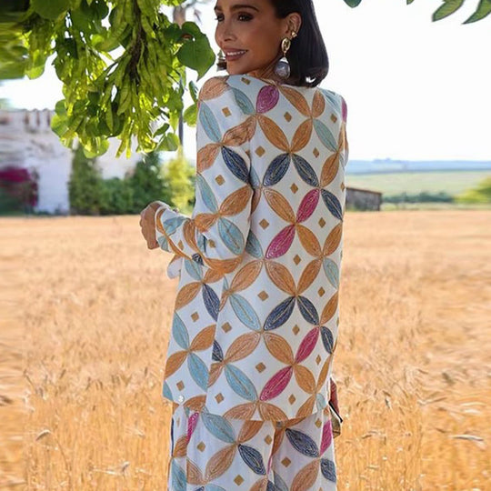Damen Zweiteiliger Jacquard-Anzug mit Taillenschleife und weitem Bein Nord Taschen