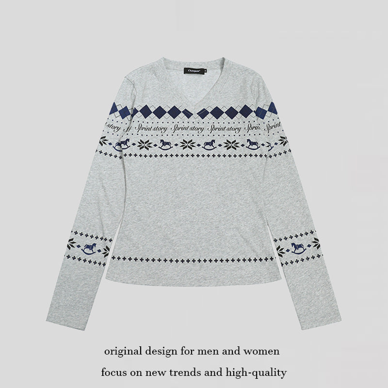 Damen Langarmshirt mit V-Ausschnitt und skandinavischem Norwegerprint aus Baumwollmix Nord Taschen