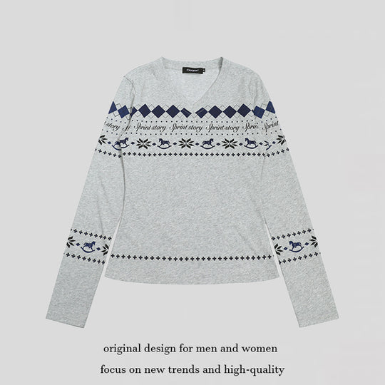 Damen Langarmshirt mit V-Ausschnitt und skandinavischem Norwegerprint aus Baumwollmix Nord Taschen