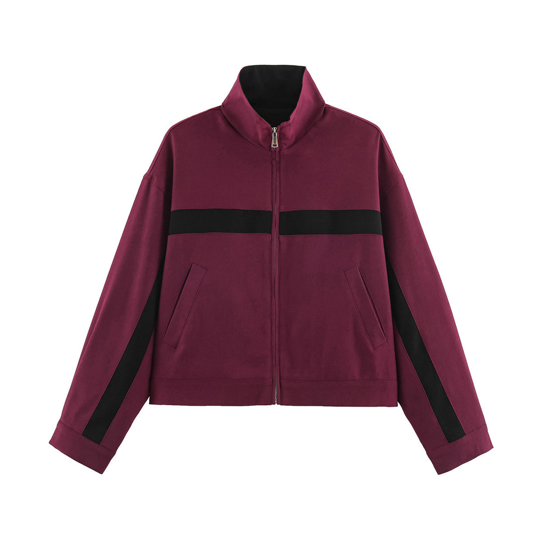 Damen Cropped Boxy-Trackjacke mit Stehkragen und Kontraststreifen Nord Taschen