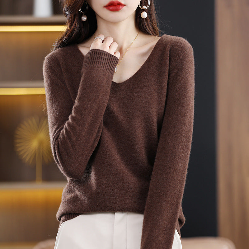 Damen V-Ausschnitt Pullover in Kaschmir-Optik mit legerem Schnitt und Rippbündchen Nord Taschen