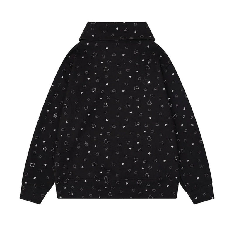 Damen Oversize-Sweatshirt mit asymmetrischem Stehkragen, Kängurutasche und musikalischer Herz-Stickerei Nord Taschen