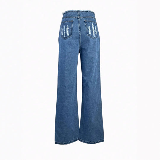 Damen hochgeschnittene weite Jeanshose aus Denim mit stark zerstörter Front und rohem Bund Nord Taschen