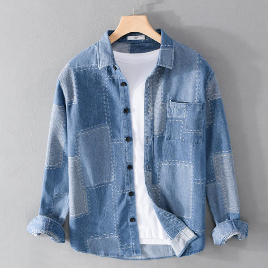 Herren Patchwork-Hemdjacke aus strukturiertem Denim mit sichtbarer Naht und Brusttasche Nord Taschen