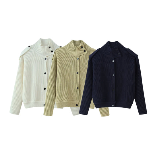 Damen Strukturstrick-Cardigan mit Stehkragen, Knopfleiste und Schulterpatten Nord Taschen