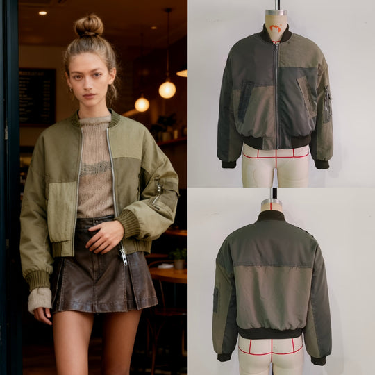 Damen Kurze Oversize-Bomberjacke mit Utility-Taschen und Rippbündchen Nord Taschen