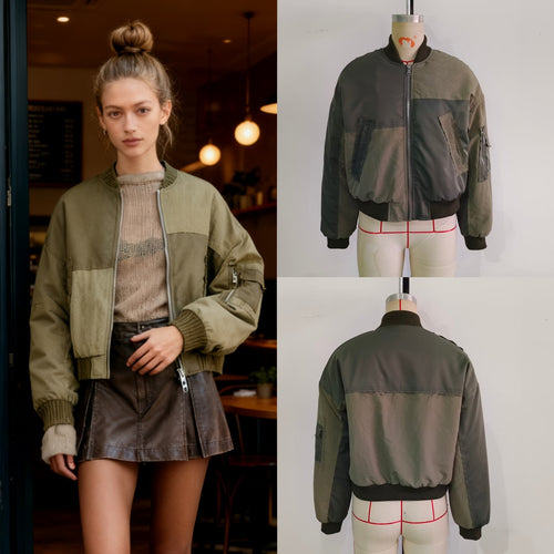 Damen Kurze Oversize-Bomberjacke mit Utility-Taschen und Rippbündchen Nord Taschen