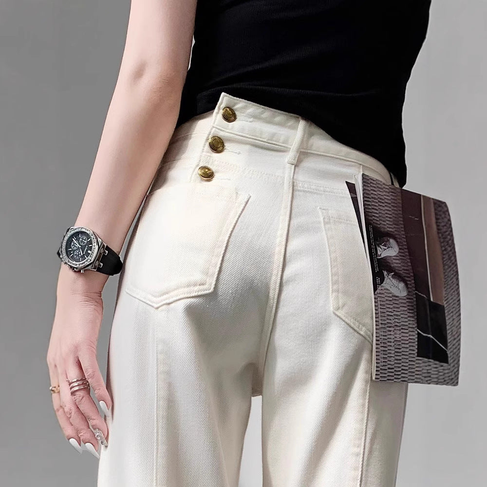 Damen Hochtaillierte weite Jeanshose im Palazzo‑Schnitt mit sichtbarer Doppelknopfleiste Nord Taschen