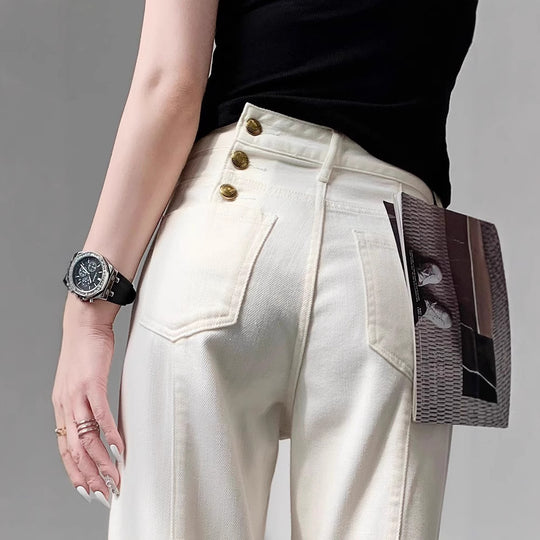 Damen Hochtaillierte weite Jeanshose im Palazzo‑Schnitt mit sichtbarer Doppelknopfleiste Nord Taschen
