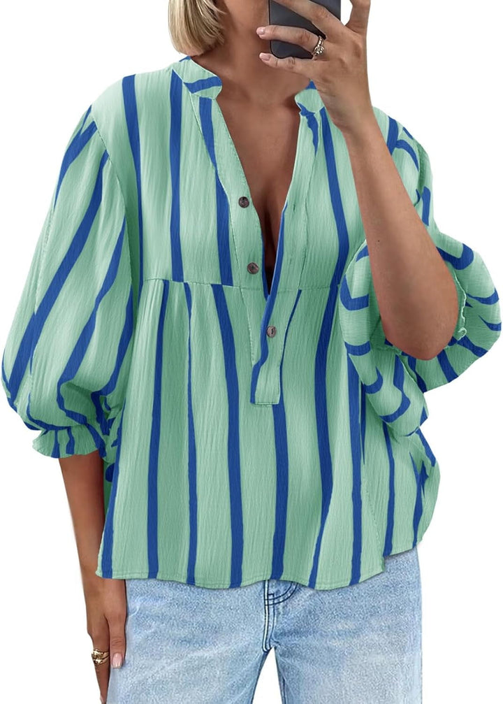 Damen oversize Bluse mit Streifenmuster und Knopfleiste