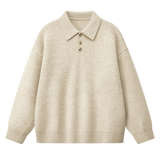 Damen Oversize Polokragen-Strickpullover mit Knopfleiste und geripptem Saum Nord Taschen