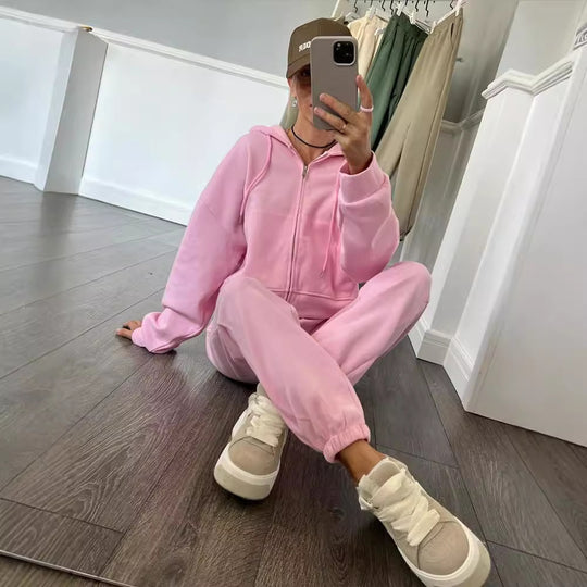 Damen lässiges Kapuzen-Sweatshirt und Jogginghose Set in Oversize-Passform mit Reißverschluss und Kängurutasche Nord Taschen