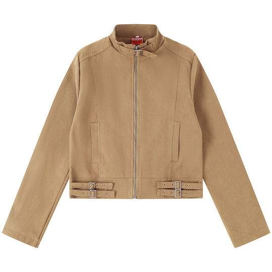 Damen Kurz geschnittene Baumwoll-Utility-Jacke mit Stehkragen Frontreißverschluss und verstellbaren Taillenriemen Nord Taschen