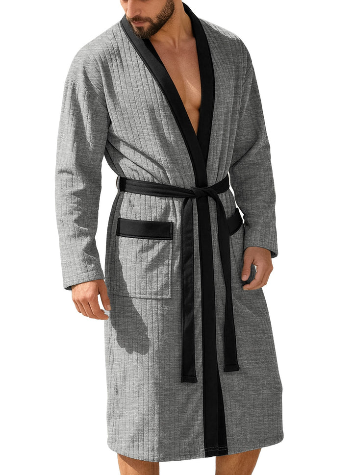 Herren nan wadenlanger Rippen-Bademantel im Kimono-Stil mit Schalkragen und Kontrastpaspel