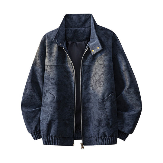 Herren Oversize-Boxy-Jacke in Veloursleder-Optik mit hohem Stehkragen, Zwei-Wege-Reißverschluss & Tunnelzugsaum Nord Taschen