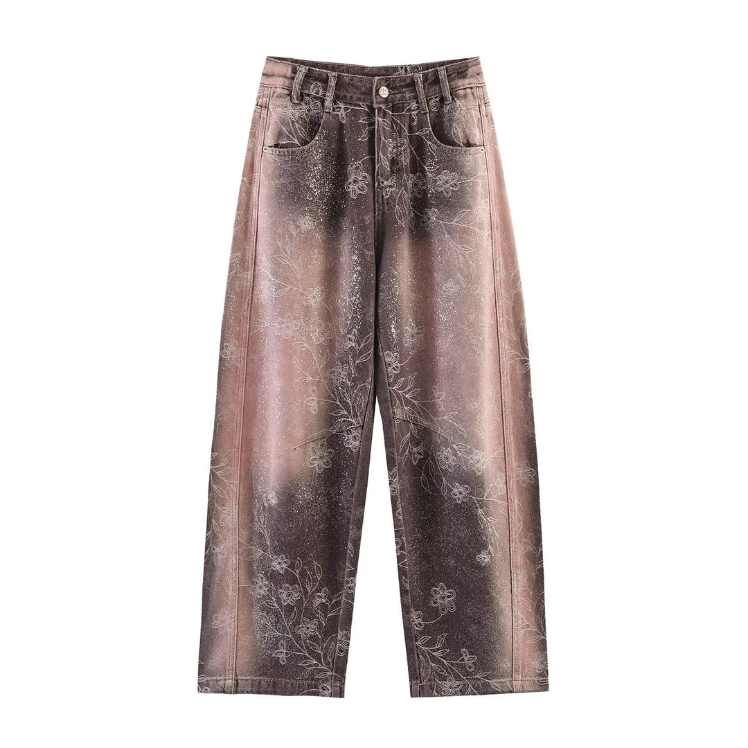 Damen Weite High‑Waist‑Jeans mit floralem Allover‑Print und Used‑Farbverlauf Nord Taschen