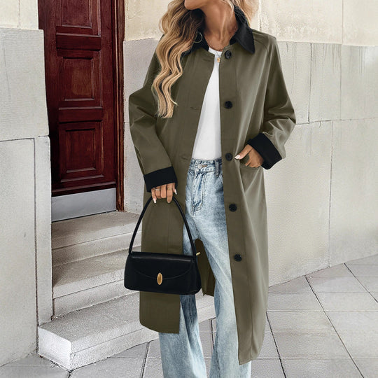 Damen langer Trenchcoat mit kontrastkragen und Umschlagmanschetten Nord Taschen