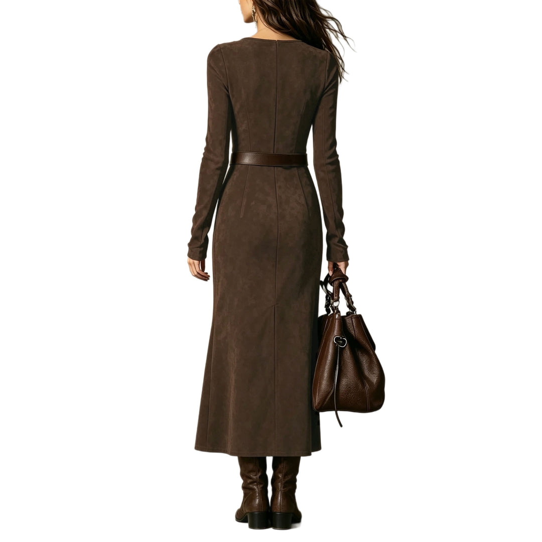 Damen Maxikleid aus Veloursimitat mit quadratischem Ausschnitt und hohem Beinschlitz Nord Taschen
