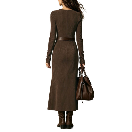Damen Maxikleid aus Veloursimitat mit quadratischem Ausschnitt und hohem Beinschlitz Nord Taschen