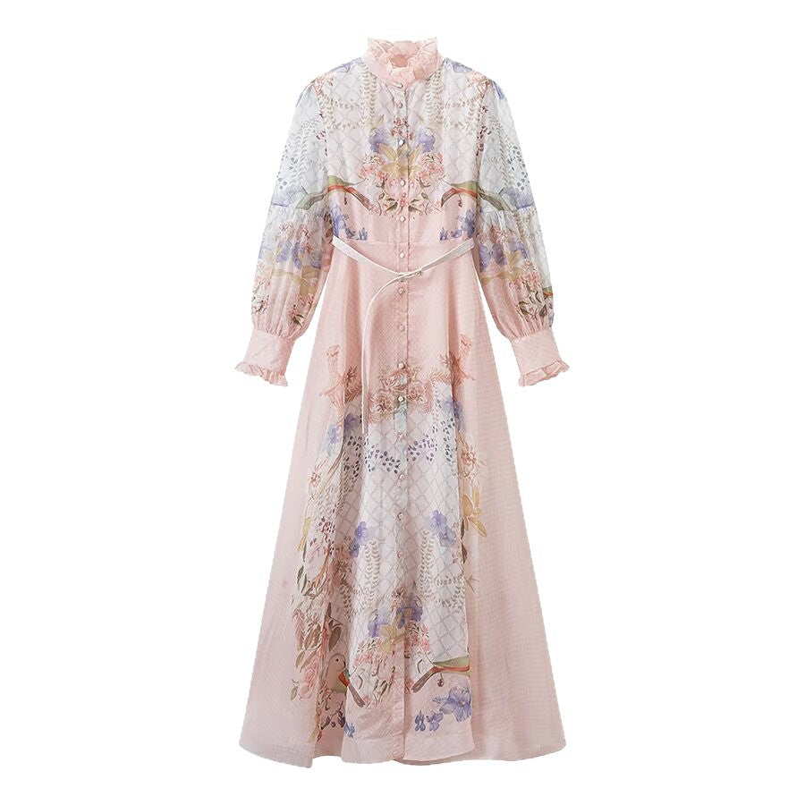 Damen Maxikleid aus Chiffon mit floralem Print, Stehkragen und Puffärmeln Nord Taschen