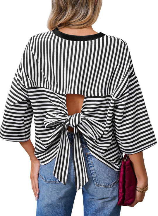 Damen Gestreiftes Oversize-Shirt mit Rückenausschnitt und Schleifenbindung Nord Taschen