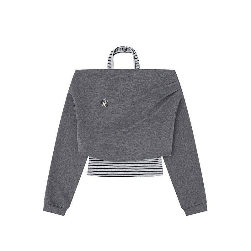 Damen Cropped Lagen-Hoodie mit integriertem Streifen-Untershirt, Kapuze und legerem Raglan-Schnitt Nord Taschen