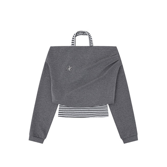 Damen Cropped Lagen-Hoodie mit integriertem Streifen-Untershirt, Kapuze und legerem Raglan-Schnitt Nord Taschen