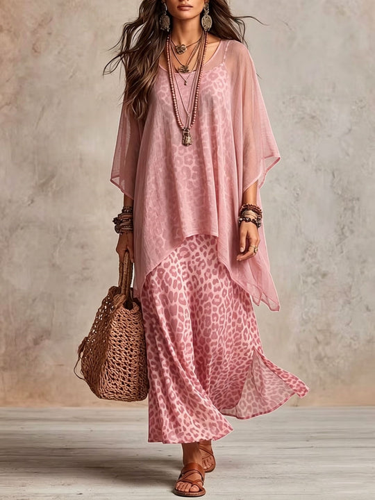 Damen Boho-Maxikleid mit transparentem Poncho-Overlay und Leopardenmuster Nord Taschen