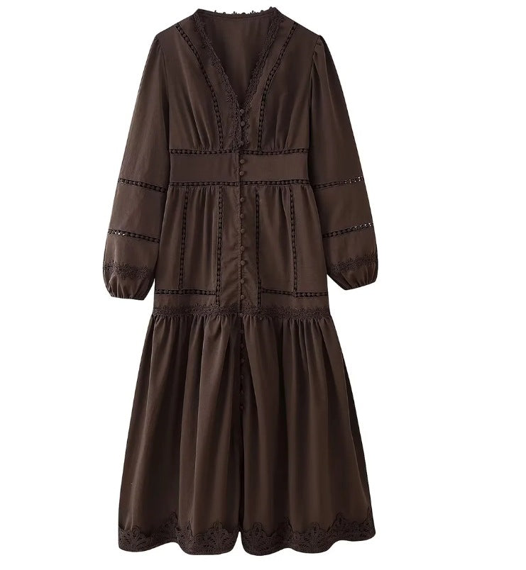 Damen 80+ Maxikleid mit V‑Ausschnitt, Spitzenbesatz, Knopfleiste und Ballonärmeln Nord Taschen