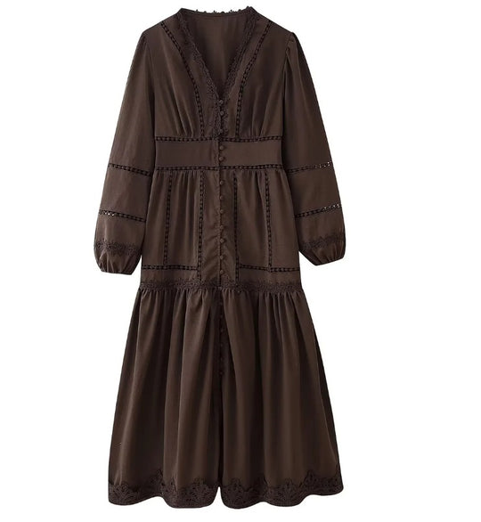 Damen 80+ Maxikleid mit V‑Ausschnitt, Spitzenbesatz, Knopfleiste und Ballonärmeln Nord Taschen