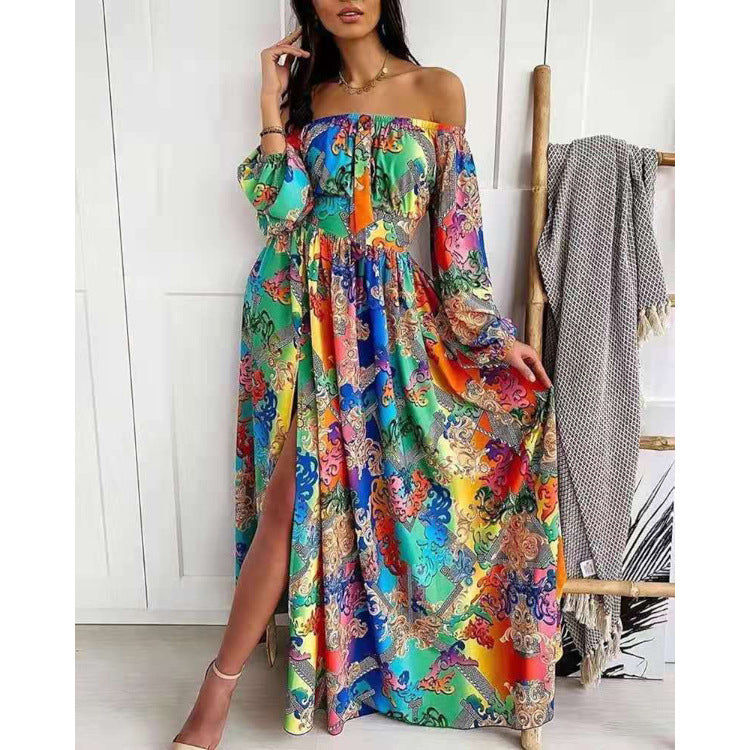 Damen Maxikleid mit offenem Schulterdesign und aufwendigem Barockmuster Nord Taschen