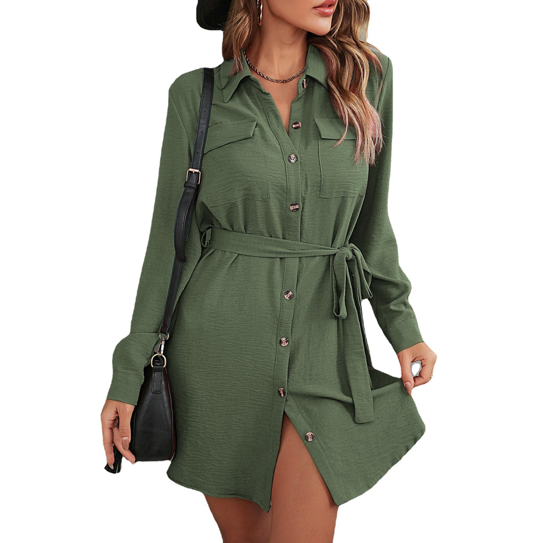 Damen Lockeres Hemdblusen-Minikleid mit Taillengürtel und aufgesetzten Brusttaschen Nord Taschen