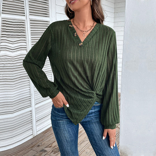 Damen Tailliertes Rippstrick-Longsleeve mit V‑Ausschnitt, Knopfleiste und Twist‑Knoten Nord Taschen