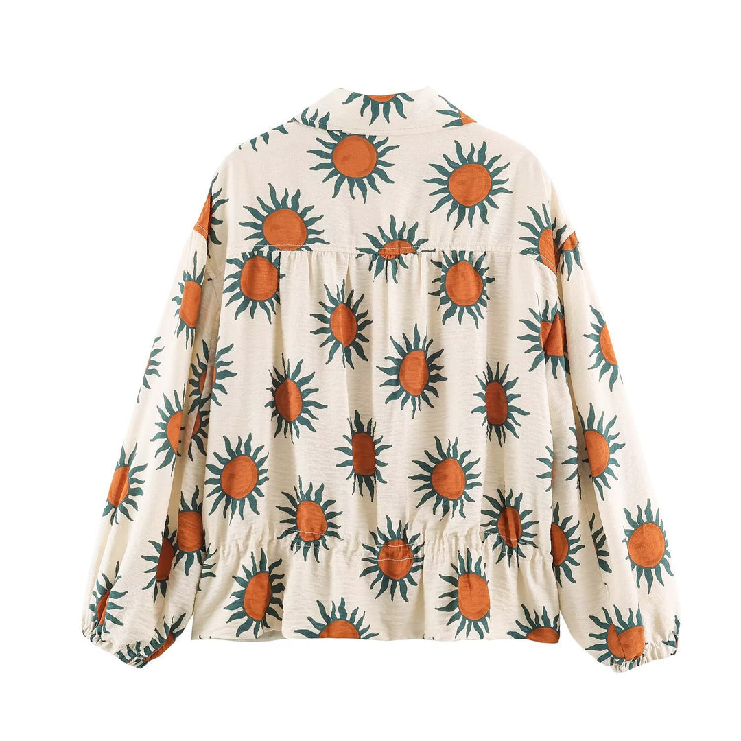 Damen Leichte bedruckte Blousonjacke mit Sonnendesign, Tunnelzugtaillierung und Reißverschluss Nord Taschen