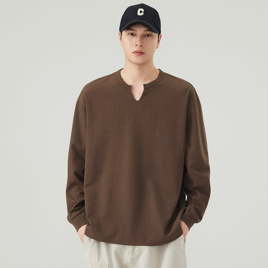 Herren Lockeres Langarmshirt mit V-Notch-Kragen und strukturierter Baumwollmischung Nord Taschen