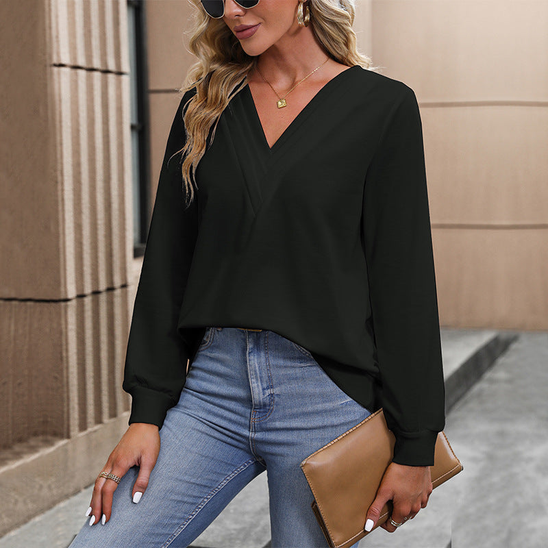 Damen Elegante Bluse mit V-Ausschnitt und langen Ärmeln Nord Taschen