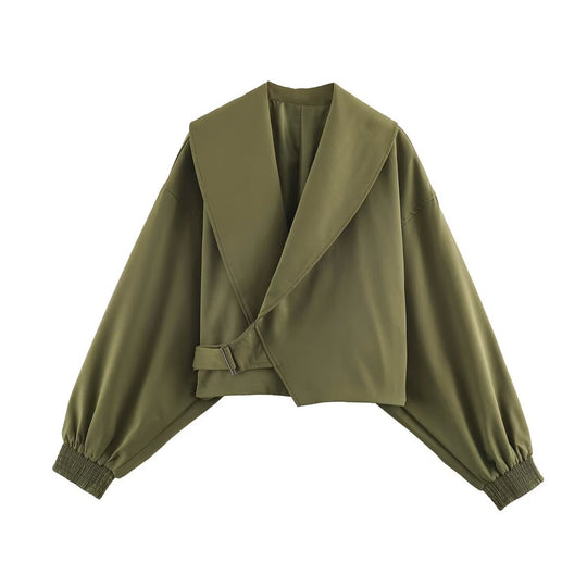 Damen Cropped-Jacke mit weitem Matrosenkragen, asymmetrischem Überschlag und Ballonärmeln Nord Taschen